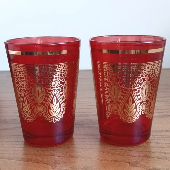 Vintage Moroccan / Turkish Tea Glasses Red & Gold Embellished Design Set of 2 - Picture 1 of 13